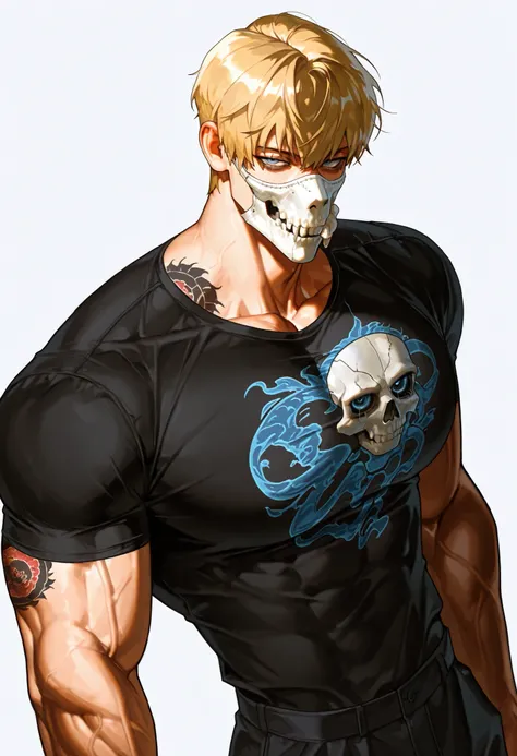 1man, looking at viewer, handsome, simple background, blonde hair, blue eyes, keen eyes, dark circles under the eyes, short hair, high detail, blonde hair, Yakuza tattoo, black shirt, bulky body, cowboy shot angle, big muscular body, muscular, big arms, bi...