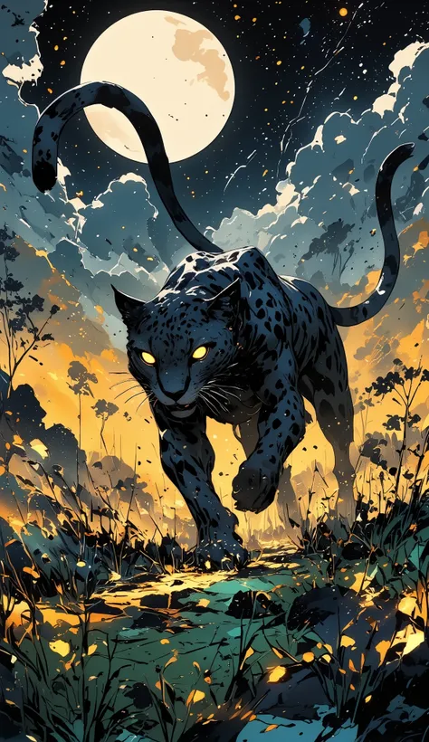 A cheetah prowls through a moonlit savannah, Open-Impressionism, Deep blacks, muted golds, and glowing whites, with hints of mystical blue and green for the glowing elements.