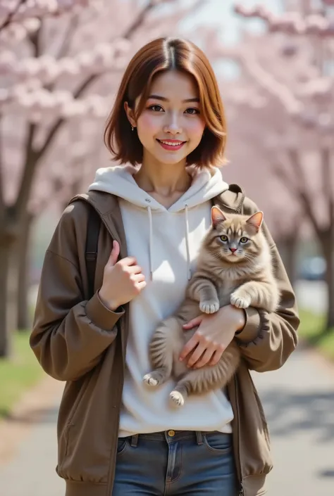 A 20-year-old girl with short, brown hair stands solo, looking directly at the viewer with a warm smile. She's dressed in a white hoodie, denim jeans, and a brown jacket, hood down, cradling a fluffy cat in her arms. The cat's soft fur blends with the vibr...