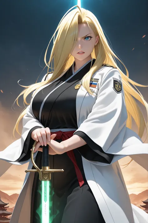 Masterpiece, ultra-detailed, 4K, HD, cinematic lighting, semi-realistic style. Perfect face, perfect hands, perfect posture. ((cowboy shot)), (((Olivier Mira Armstrong reimagined as captain of the 7th division))), (((white haori with intricate military-ins...