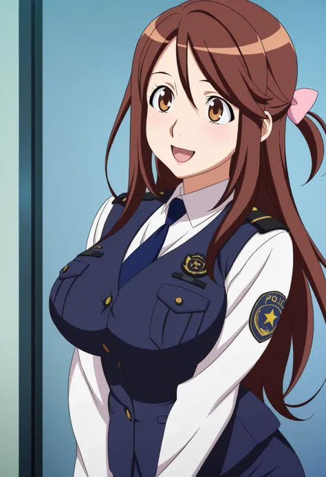 (anime screencap,anime coloring,official art:1.3),(uno makoto (style)),solo,1girl,smile,iida nana, brown hair, long hair, one side up, hair bow, pink bow, brown eyes, large breasts, wide hips,(mature female),police uniform, blue vest, white shirt, collared...