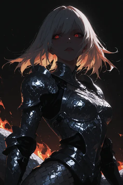 score_9, score_8_up, score_7_up,solo, beautiful fighting lamia who handles flame ,the witch\(long white hair,sharp eyes,red eyes,silver metallic snake scale armor, Clothing under the armor is black \),simple background,[[dark horror essence]],flame,dynamic...