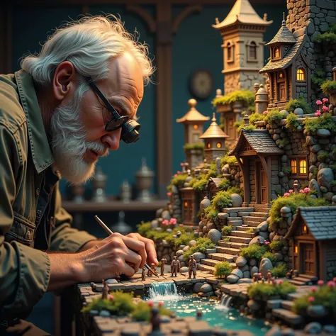 Microworld,(An old craftsman making super detailed big size diorama , One-eye head loupe),movie film