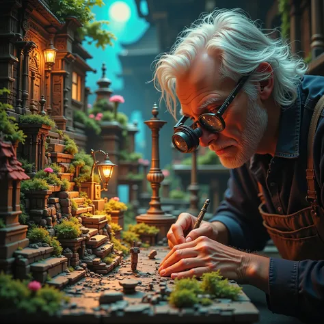 Microworld,(An old craftsman making super detailed big size diorama , One-eye head loupe),movie film