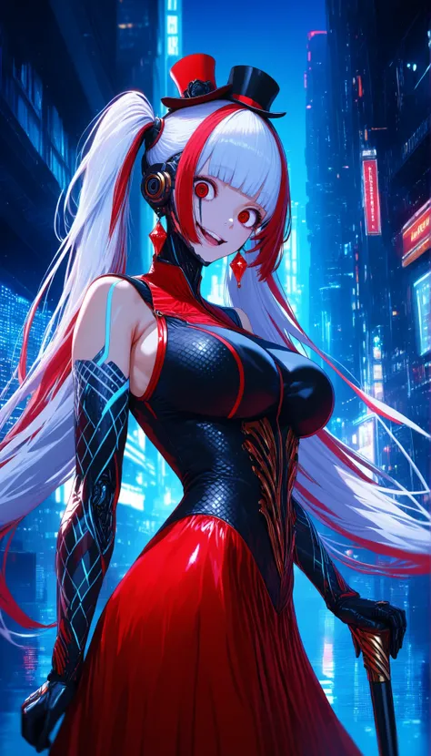 SOLO,Cyberpunk city background, A female robot with perfect body,oppai,Wearing Red biological armor,(Red Princess dress long hem),((Wearing Black short leather vest))(Sleeveless:1.4), multicolored hair, twintails, blunt bangs,Red Mini top hat, Crazy eyes, ...