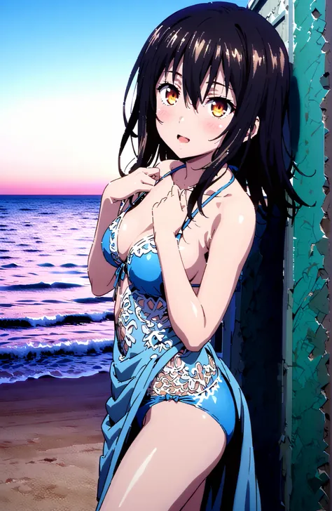  Yukina Himeragi, medium hair,solo, black hair, brown eyes in the oral vagina,Medium breast,Blue string bikini swimsuit,after aw,Glowing Skin,Flower pattern salon,I'm tying up my long skirt,Bare legs,STANDING,,smile,blush,open your mouth,break outdoors,str...