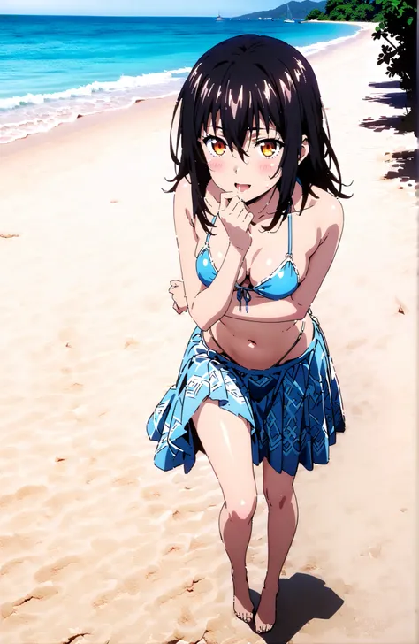  Yukina Himeragi, medium hair,solo, black hair, brown eyes in the oral vagina,Medium breast,Blue string bikini swimsuit,after aw,Glowing Skin,Flower pattern salon,I'm tying up my long skirt,Bare legs,STANDING,,smile,blush,open your mouth,break outdoors,str...