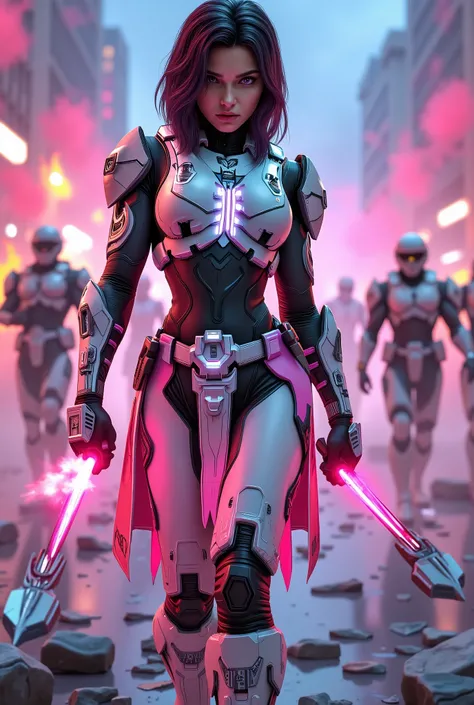 Full-body shot of a slim female game character (face fully visible, determined expression) leading a cyberpunk street rebellion in a WHITE high-neck combat bodysuit (with glowing circuit patterns) layered over a reinforced kilt (magenta fabric strips, chro...