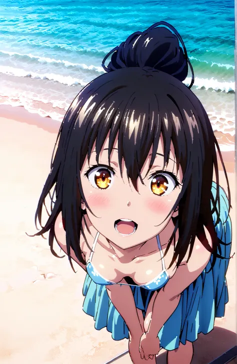  Yukina Himeragi, medium hair,solo, black hair, brown eyes in the oral vagina,Medium breast,Blue string bikini swimsuit,after aw,Glowing Skin,Flower pattern salon,I'm tying up my long skirt,Bare legs,STANDING,,smile,blush,open your mouth,break outdoors,str...