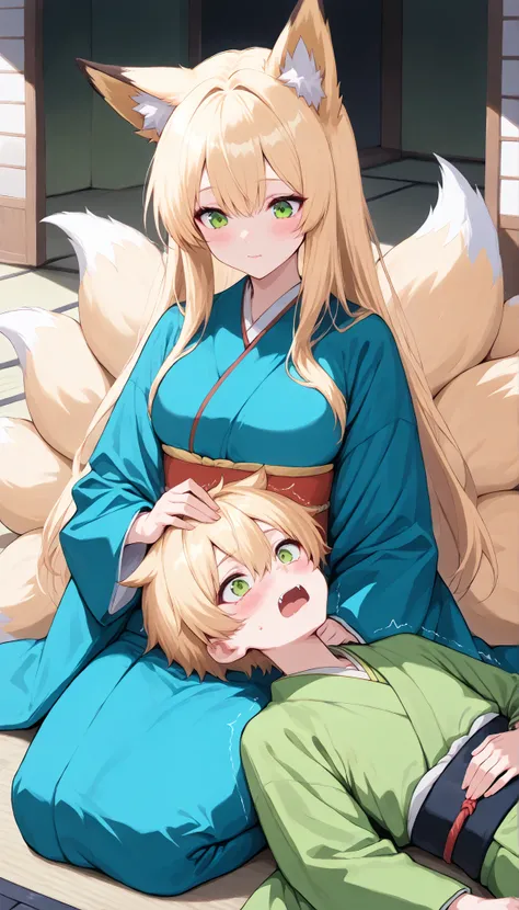 score_9, score_8_up, score_7_up, score_6_up, score_5_up, score_4_up, Embarrassed, (masterpiece:1.3, perfect details:1.3, best quality:1.3, 8k wallpaper), ((beautiful detailed eyes, clean eyes)), source_anime, ((1girl, fox girl, blonde long hair,multiple ta...
