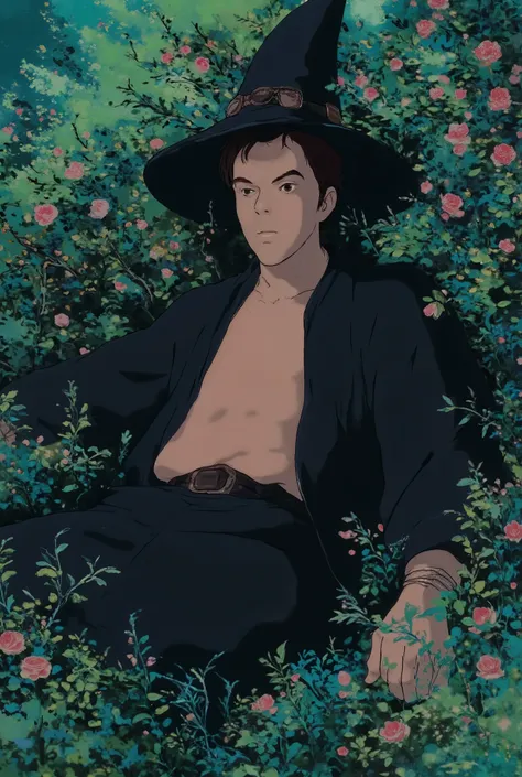 handsome young man lying in the bushes and thorns and beautiful old rose pinks flowers, top view camera. wearing jet black wizards robe and old rose pinks turttle neck shirt inside. oil painting, masterpiece, shadows, expert, insanely detailed, 4k resoluti...