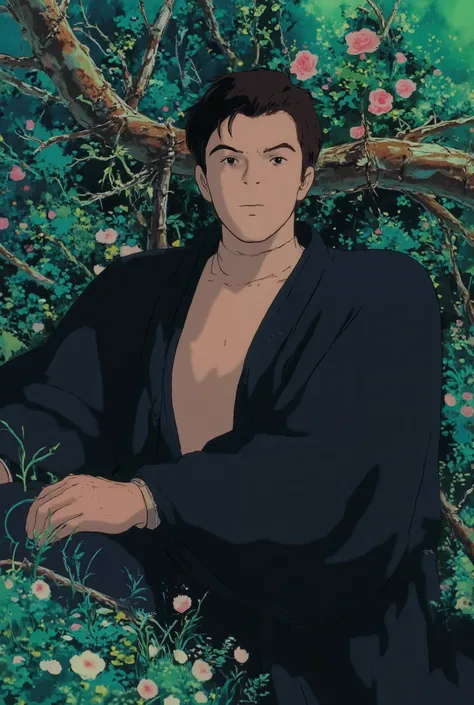 handsome young man lying in the bushes and thorns and beautiful old rose pinks flowers, top view camera. wearing jet black wizards robe and old rose pinks turttle neck shirt inside. oil painting, masterpiece, shadows, expert, insanely detailed, 4k resoluti...