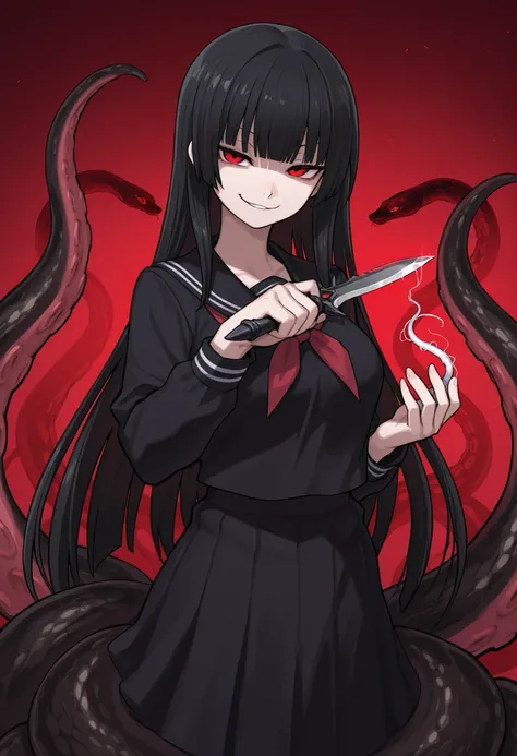 Scylla Girl. Black hair. Straight hair. Straight bangs. Red eyes. Smirk. Japanese high school uniform. Black costume. Dagger knife. Knife in hand. Snake-like tentacles. Countless snakes. Black snakes.