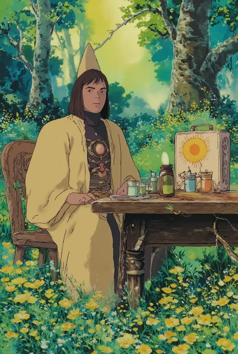 (photorealism:1.2), A young, tall, slim fit, handsome, A mystical Meadowwitch character in a tranquil meadow filled with blooming yellow Buttercups (Ranunculus) radiating a soft magical glow. The Meadowwitch wears a deep yellow wizard’s robe adorned with d...