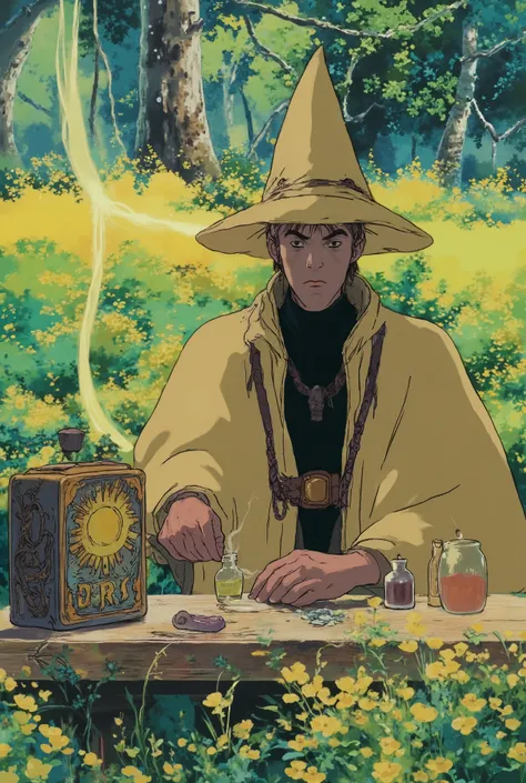(photorealism:1.2), A young, tall, slim fit, handsome, A mystical Meadowwitch character in a tranquil meadow filled with blooming yellow Buttercups (Ranunculus) radiating a soft magical glow. The Meadowwitch wears a deep yellow wizard’s robe adorned with d...