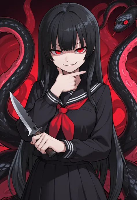 Scylla Girl. Black hair. Straight hair. Straight bangs. Red eyes. Smirk. Japanese high school uniform. Black costume. Dagger knife. Knife in hand. Snake-like tentacles. Multiple snakes. Black snakes.