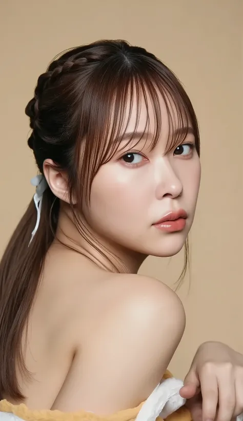  後ろ姿のbeautiful若い女性,  Gold, braided hair, beautiful, cute, plump lips from the hotel, happy, excited, trend , realistic, SUPER DETAILS, ((masterpiece)), (Movie Lighting), ((Lighting))  healthy body,  fit butt, thin waist in the video department , back shot