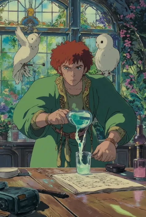 An ultra-realistic image of a young alchemist with curly auburn hair and curious, determined eyes. He stands in a sunlit greenhouse filled with exotic plants, bubbling potions, and ancient manuscripts spread across a wooden table. Dressed in a moss-green r...