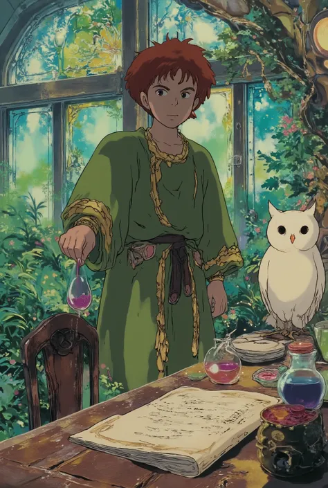 An ultra-realistic image of a young alchemist with curly auburn hair and curious, determined eyes. He stands in a sunlit greenhouse filled with exotic plants, bubbling potions, and ancient manuscripts spread across a wooden table. Dressed in a moss-green r...