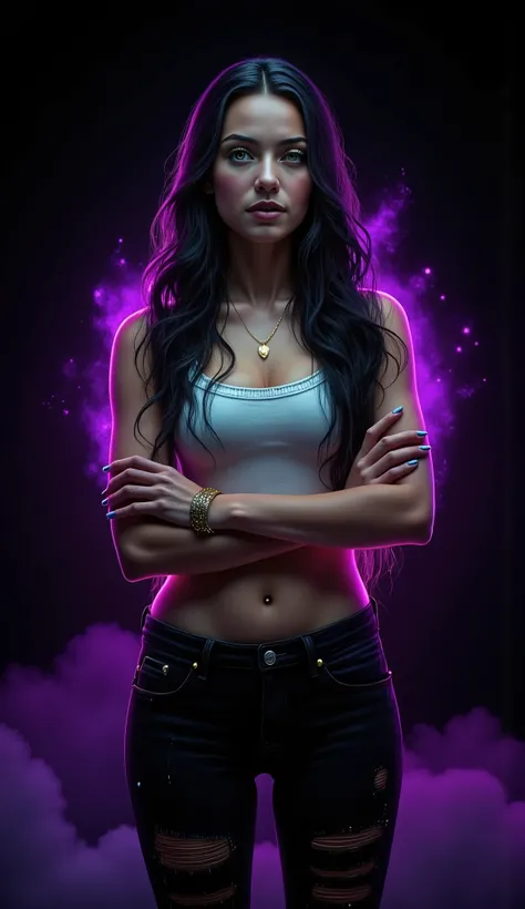 One girl, 20 years old, long black hair, pale green eyes, black ripped jeans, white tank top, arms crossed, smirking, black background with dark neon purple behind her, Anatomically Correct, masterpiece, multiple views, best quality, 
High Resolution, Acc...