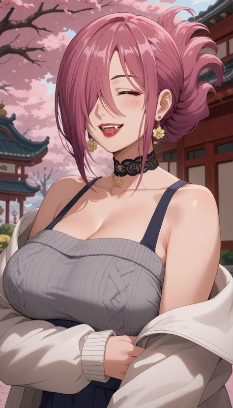 masterpiece,top quality,amazing quality,Kiki ((tenpuru)),1girl,choker,condom earrings,jewelry,pink hair,ponytail,hair covering one eye,closed eye,bare shoulders,white jacket,open mouth,fangs,Street Garden background,smile,lipstick,collarbone,one eye covere...