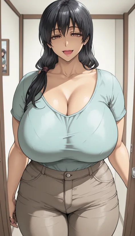 masterpiece,top quality,amazing quality,Kaori sakaki,1 girl,mature woman,breast,cleavage,solo,pants,shirt,standing,long hair,open mouth,curvy,smiling,thighs,collarbone,looking at viewer,big breasts,thick thighs,short sleeves,black hair,indoors,cowboy photo...