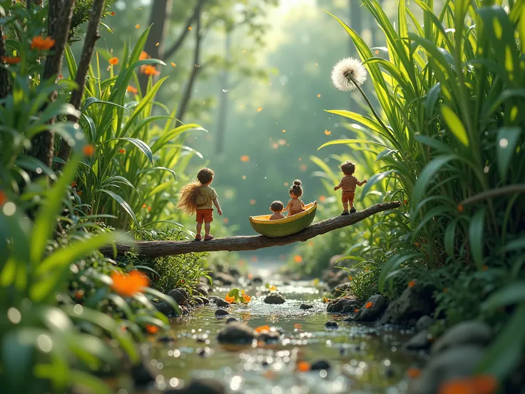 Fantasy-style (shrinking adventure:1.5), capturing the wonder and chaos of a tiny, shrunken world inspired by 'Honey, I Shrunk the s.' The scene features a group of miniature people navigating an oversized backyard transformed into a colossal jungle. Tower...