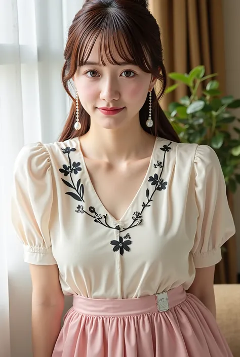 HD、8K quality、fine skin on the street、Close-up angle from the waist,A stylish designer hotel at night、 when it's bright during the day, facing forward, stares at viewers, smile showing teeth,has bundled hair、On the hotel bed、一人のロングヘアーのhas bundled hair女性が座っ...