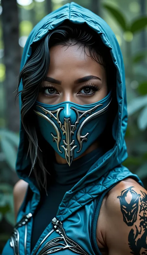 Hyper-realistic photographic style. Like sub zero . Close-up do rosto. Extremely realistic blue mask and silver details. flawless skin texture. fundo: dense forest,  Greg Rutkowski style  . dramatic lighting. 8k. 8k, rendered on Unreal Engine 5 , realistic...