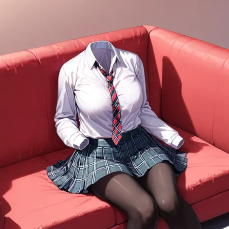 (invisible:1.5, no humans:1.5, headless:1.5, faceless:1.5), (School uniform, opened blouse, cardigan, plaid skirt, black pantyhose, striped tie, on sofa:1.2), (cute big breast), detailed cloth texture, ((1 girl))