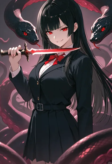 Scylla Girl. Black hair. Straight hair. Straight bangs. Red eyes. Smirk. Japanese high school uniform. Black costume. Dagger knife. Knife in hand. Snake-like tentacles. Multiple snakes. Black snakes.