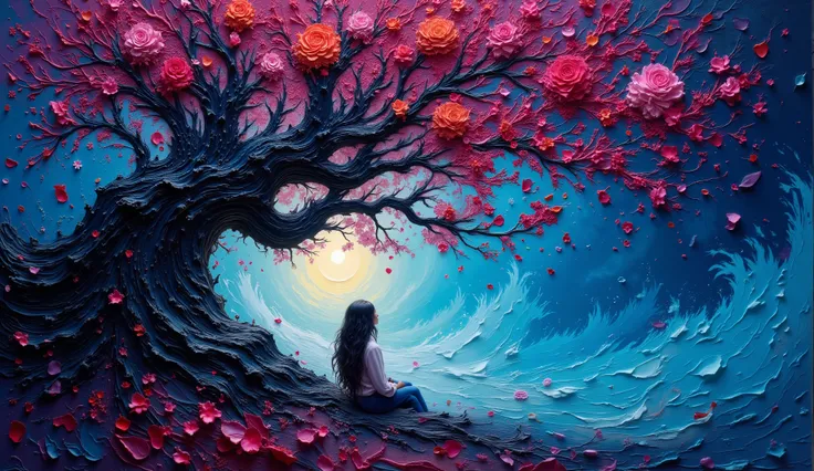Dreamlike digital artwork of a young woman seated beneath a towering tree in the Garden of Eden. Her cascading hair becomes a vibrant waterfall of neon cranberries and detailed zentangle-patterned flowers, twisting into a tornado of love and loss. The scen...