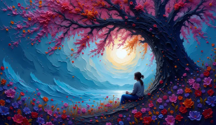 Dreamlike digital artwork of a young woman seated beneath a towering tree in the Garden of Eden. Her cascading hair becomes a vibrant waterfall of neon cranberries and detailed zentangle-patterned flowers, twisting into a tornado of love and loss. The scen...