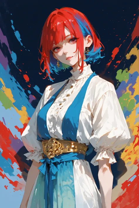 ruby and nile blue two-tone hair. asymmetrical clothes.
colorful picture background.
attractive woman.
