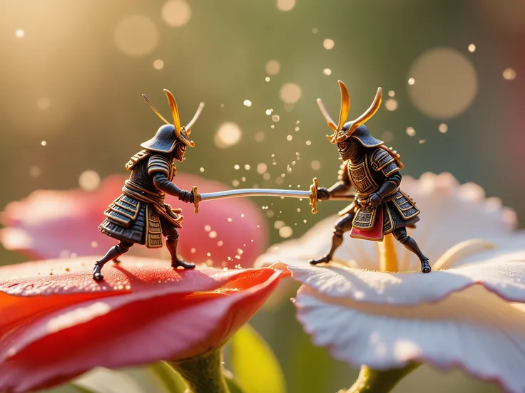 A macro, ultra-detailed image of two miniature superman and sazam , each no taller than an ant, standing on the delicate edges of two opposing flower petals. The flowers—one red, one white—sway gently in a soft breeze, their petals glowing in warm sunlight...