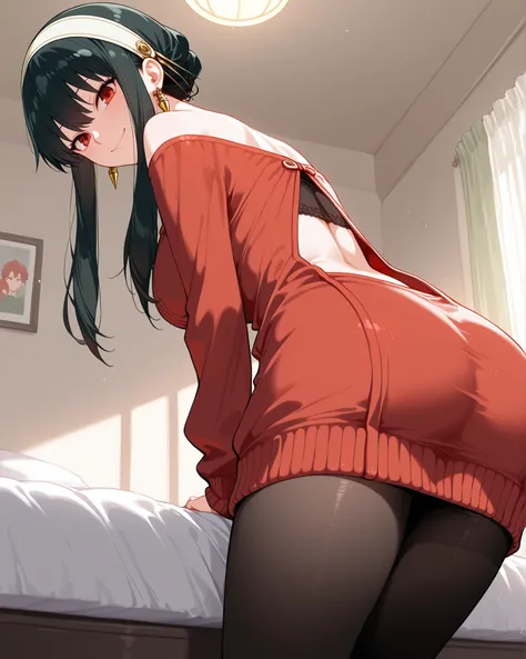 {{masterpiece, best quality, extremely detailed CG, beautiful detailed eyes, ultra-detailed, intricate details:1.2}}, yor briar \(spy Family\),  black hair, (red eyes:1.5), earrings, white hairband, hairband, long hair, sidelocks, bare shoulders, collarbon...