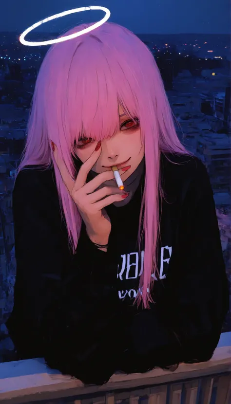Beautiful girl in emo fashion standing on the roof of a building and smoking a cigarette with an angel's circle of light floating on her head、top quality、Ishida Suisaku、masterpiece、748cm style、upper body、one girl、 hair swaying in the wind、artistic expressi...