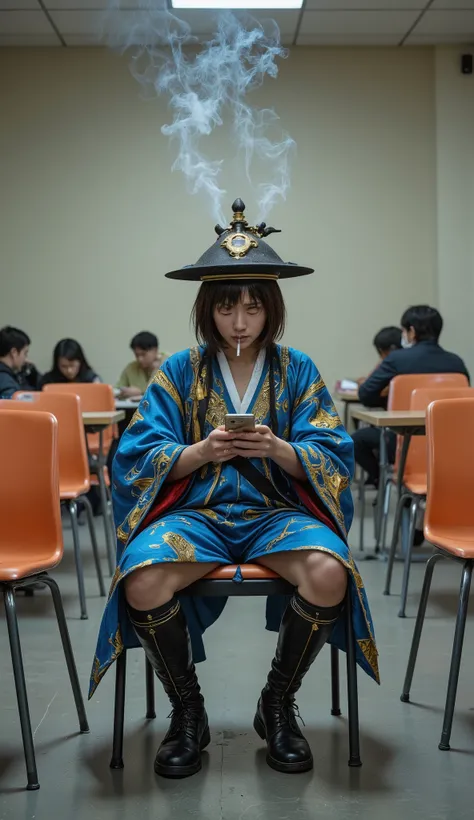 a young Japanese woman in a modern jiangshi cosplay mini-skirt outfit, sitting casually in a plain comic convention break room on a plastic chair, legs naturally parted from exhaustion, holding a smartphone in one hand and gazing at it with a tired express...