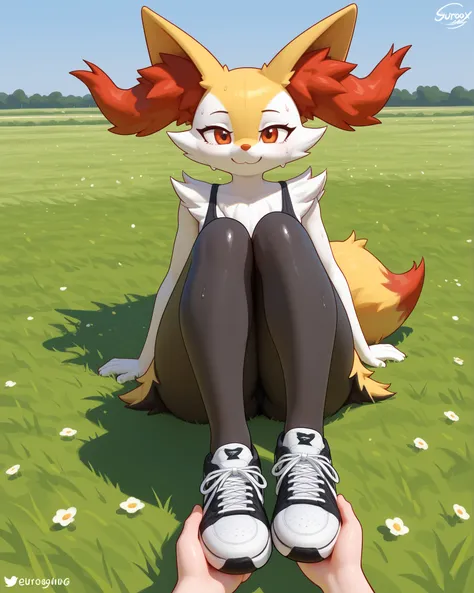 alone, score_9,score_8_up,score_7_up, anthro female braixen, POV, field, streching herself, exercising, smiling, sweating, rubor, black leggins, thicc thighs, full body, smile, sneakers on feet, 3D