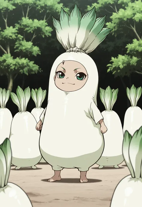 ultra detailed, absolutely resolution, masterpiece, Dr. Stone's Senku Ishigami is wearing a white radish costume, surrounded by a row of newly bred white radishes that resemble him, character goods