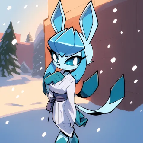 glaceon, bigdad/character, (Mobian), whitish light blue fur, blue eyes, female, whitish light blue muzzle, white kimono, (short hair), hair bangs, Glaceon tail, blank expression, slim, young adult, medium breasts, solo, standing, outdoors, winter garden, l...