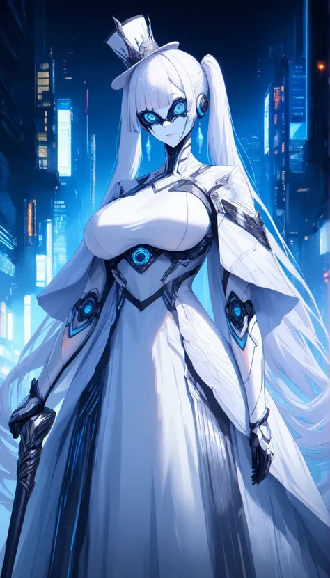 SOLO,Cyberpunk city background, A female robot with perfect body,oppai,Wearing White biological armor,(White Princess dress long hem), (white hair, twintails, blunt bangs),White Mini top hat, Crazy eyes, Crystal earrings,white openwork mask, social media c...