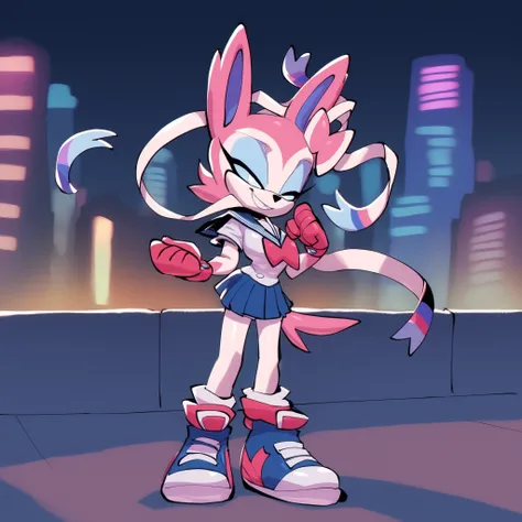 Sylveon, bigdad/character, (Mobian), white fur, light blue eyes, female, white muzzle, sailor scout outfit, (short hair), hair bangs, sylveon tail, smile, slim, young adult, medium breasts, solo, cheerful pose, outdoors, city, night, city lights, Sonic OC