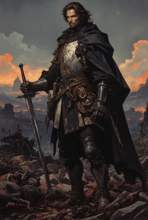 Dark and broody, a wounded knight stands upon a battlefied, holding a sword,  hair blowing in breeze, dead bodies scattered around, buildings on fire in the background, destroyed horse cart