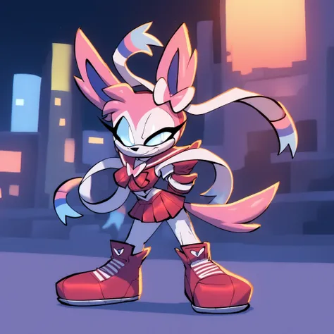 Sylveon, bigdad/character, (Mobian), white fur, light blue eyes, female, white muzzle, sailor scout outfit, (short hair), hair bangs, sylveon tail, smile, slim, young adult, medium breasts, solo, cheerful pose, outdoors, city, night, city lights, Sonic OC
