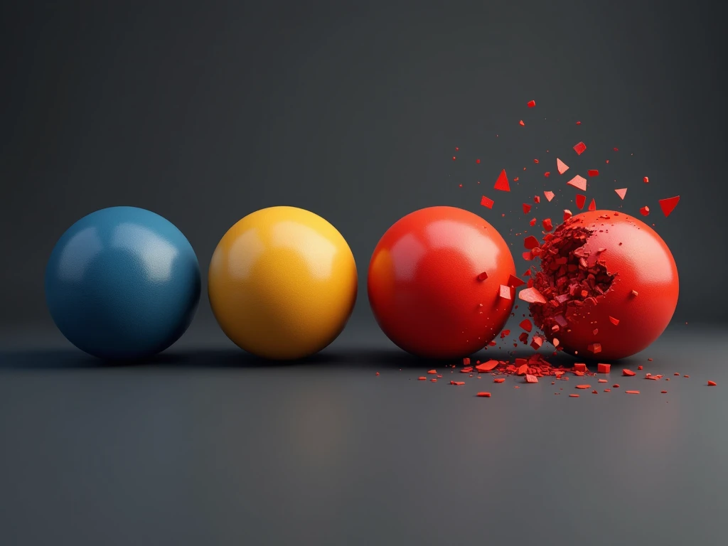 Four realistic spheres are lined up in a row from left to right against a dark grey background. * Far left: A deep blue sphere with a slight texture. It has a subtle sheen and a shadow at the bottom. * Second from the left: A bright yellow sphere with a matte texture. It also has a shadow at the bottom. * Third from the left: A bright red sphere with a slight sheen. Like the others, it also has a shadow at the bottom. * Far right: Another bright red sphere, but it has been shattered into pieces, as if a balloon had burst. Many red shards and particles are flying outwards from the center, with only partial resemblance to the sphere's original shape. The scattered pieces are also slightly shadowed. Each sphere appears to float slightly, casting a soft shadow directly beneath it. The light source appears to be coming from slightly above.