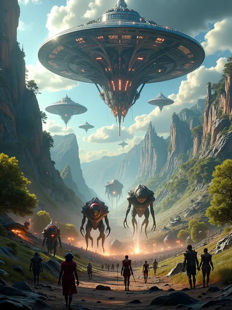 aliens coming out of portals and invading a medieval fantasy RPG world, alien invasion
into an RPG world with firearms in hand and war tanks and flying saucers, giant quadruple airships