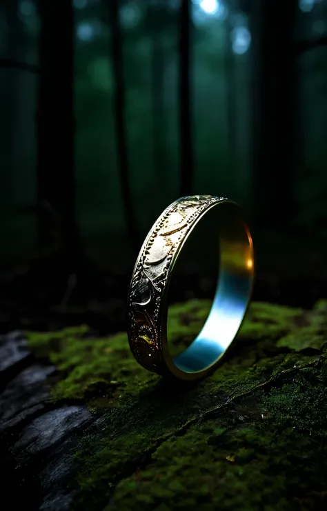 1 anillo dorado sobre el suelo, 8K , realistic,  seen from afar, luz de luna, at night, dark, darkness ,paleta de cold colors,(The best quality, high resolution jockstrap, realistic:1.37), ultra detailed, cold colors, mystery, horror, paleta de cold colors...