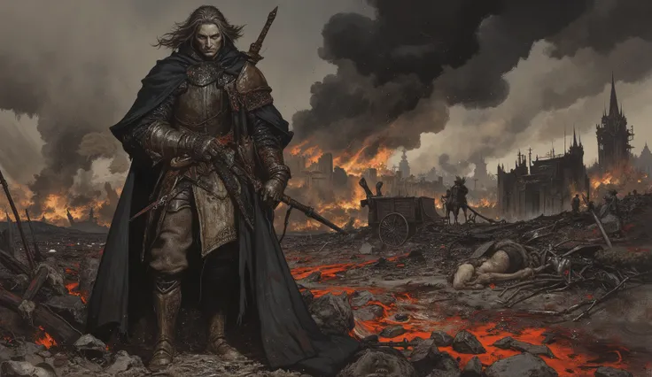 Dark and broody, a wounded knight stands upon a battlefied, holding a sword,  hair blowing in breeze, dead bodies scattered around, buildings on fire in the background, destroyed horse cart