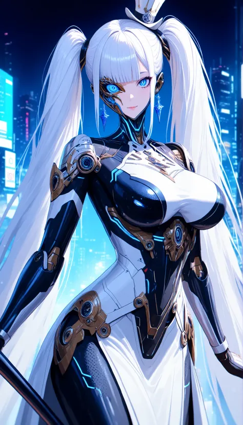 A female with perfect robot body,SOLO,Cyberpunk city background,oppai,Wearing White biological armor,(White Princess dress long hem), (white hair, twintails, blunt bangs),White Mini top hat, Crazy blue eyes, Crystal earrings,((White half-face openwork mask...